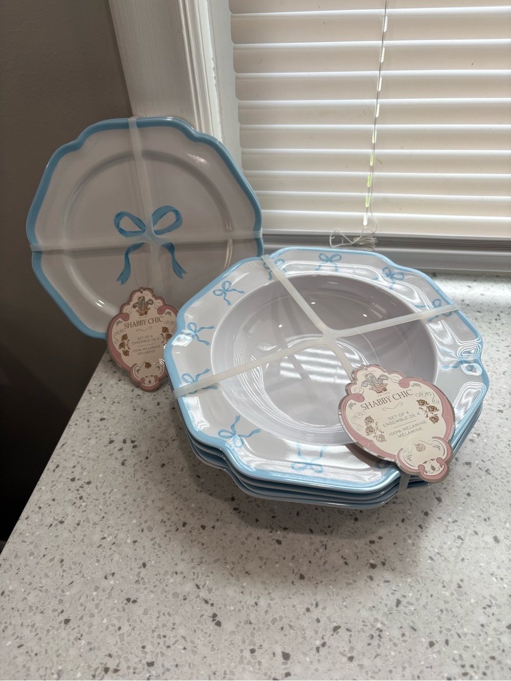 Shabby Chic Appetizer/SaladPlates and Bowls w/Pale Blue Trim and Blue Bow Accent